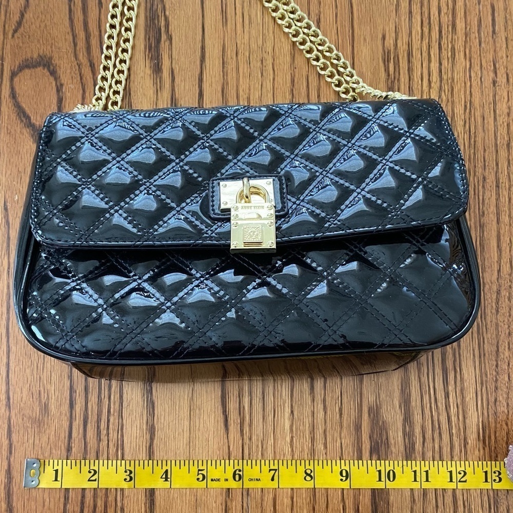 Anne Klein Black Quilted Patent Shoulder Bag Gold Tone Hardware - Picture 6 of 8